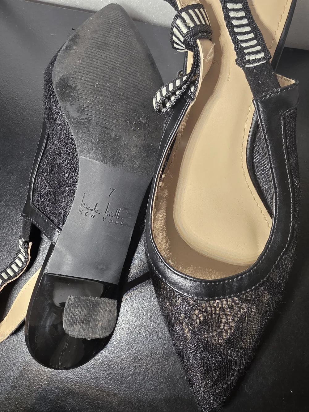 Black Lace Pointed Slingback Flats with Bow Accent